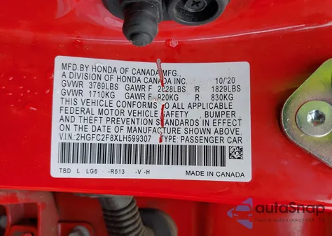 2020 Honda Civic Sport из США, поврежденный, VIN 2HGFC2F8XLH599307